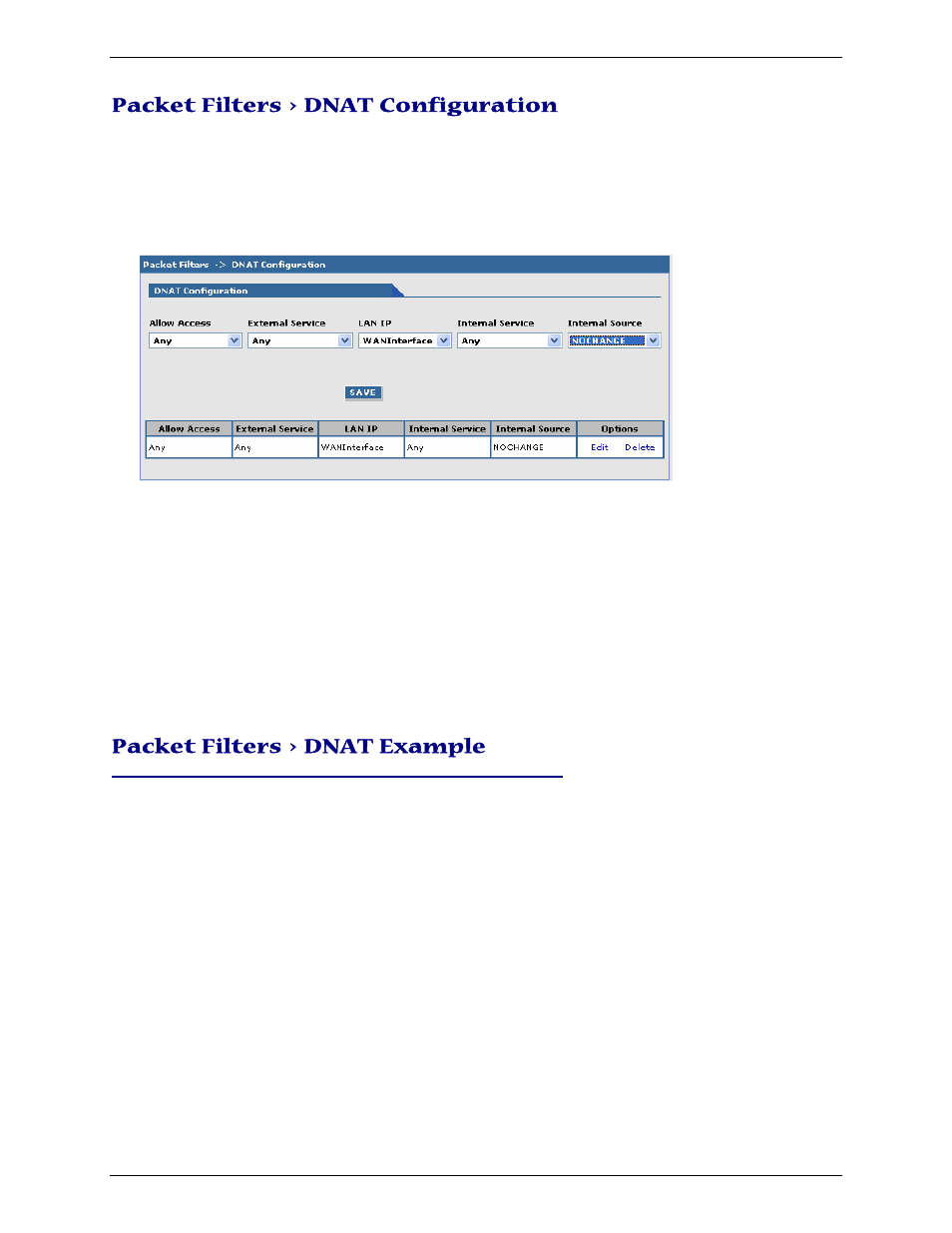Packet filters > dnat configuration, Packet filters > dnat example | Multi-Tech Systems Multimodem RJ-9 User Manual | Page 40 / 62