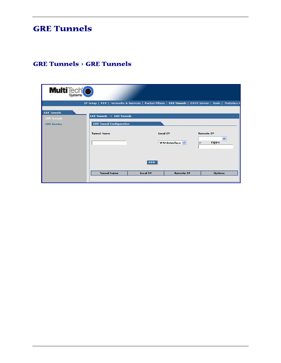 Gre tunnels, Gre tunnels > gre tunnels | Multi-Tech Systems Multimodem RJ-9 User Manual | Page 43 / 62