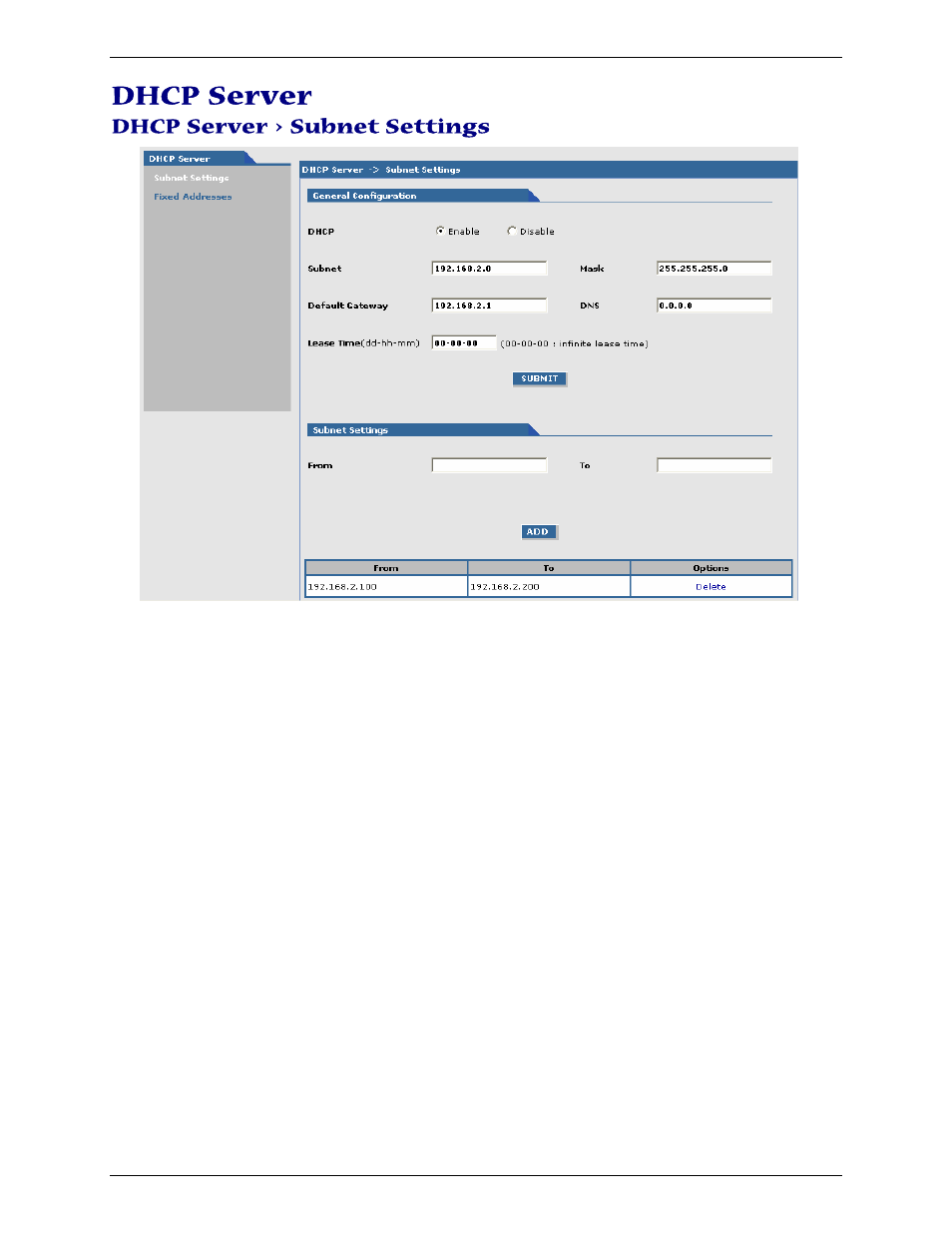 Dhcp server, Dhcp server > subnet settings | Multi-Tech Systems Multimodem RJ-9 User Manual | Page 45 / 62