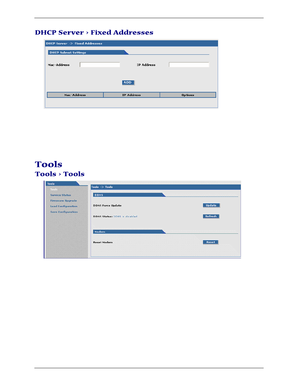 Tools, Dhcp server > fixed addresses, Tools > tools | Multi-Tech Systems Multimodem RJ-9 User Manual | Page 46 / 62