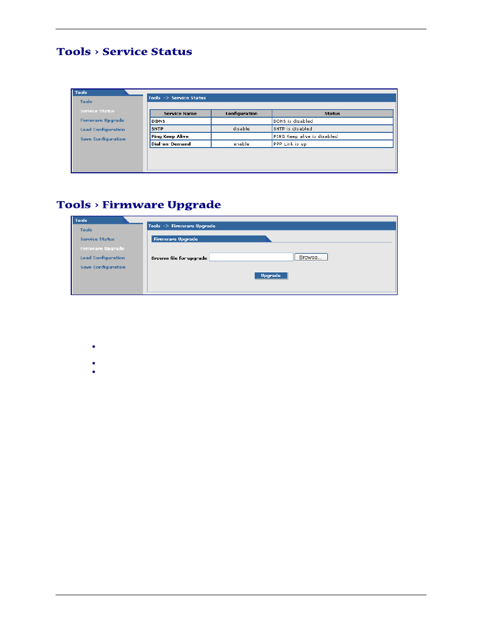 Tools > service status, Tools > firmware upgrade | Multi-Tech Systems Multimodem RJ-9 User Manual | Page 47 / 62