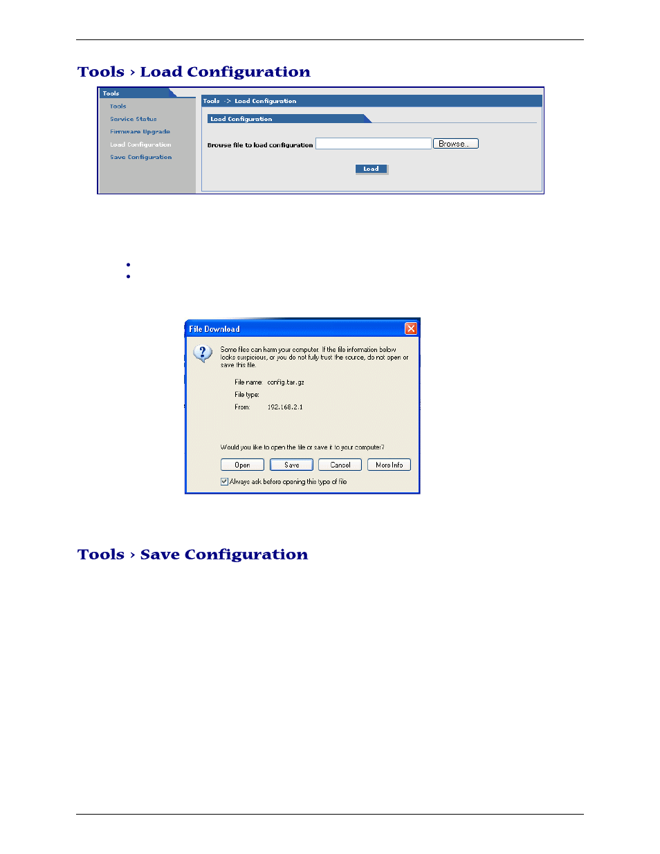 Tools > load configuration, Tools > save configuration | Multi-Tech Systems Multimodem RJ-9 User Manual | Page 48 / 62