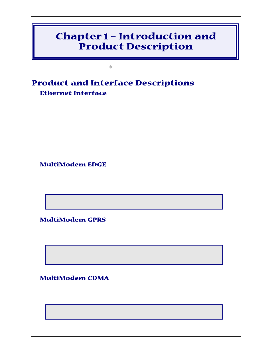 Chapter 1 – introduction and product description, Product and interface descriptions, Ethernet interface | Multimodem edge, Multimodem gprs, Multimodem cdma | Multi-Tech Systems Multimodem RJ-9 User Manual | Page 5 / 62