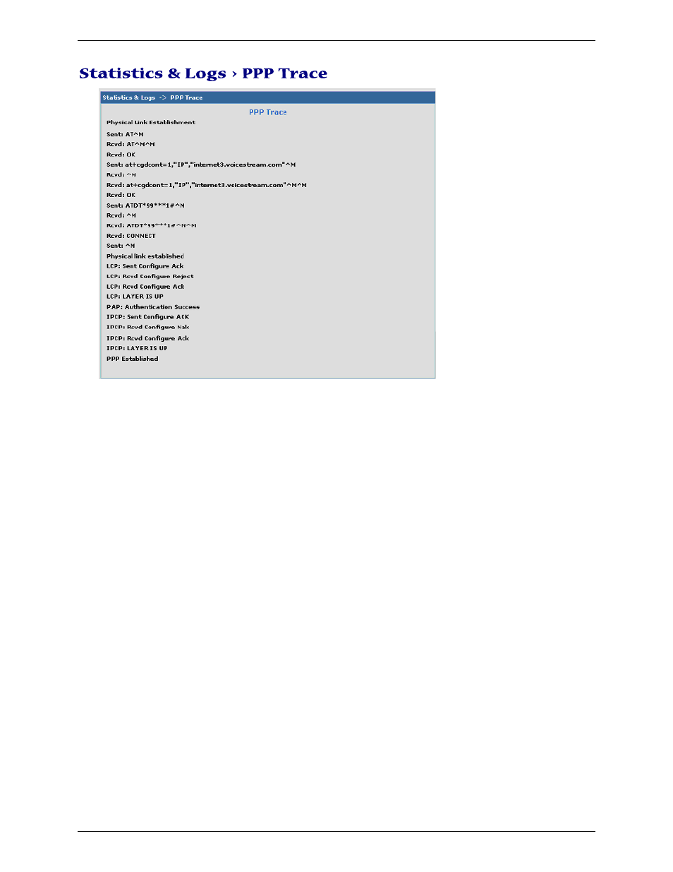 Statistics & logs > ppp trace | Multi-Tech Systems Multimodem RJ-9 User Manual | Page 51 / 62