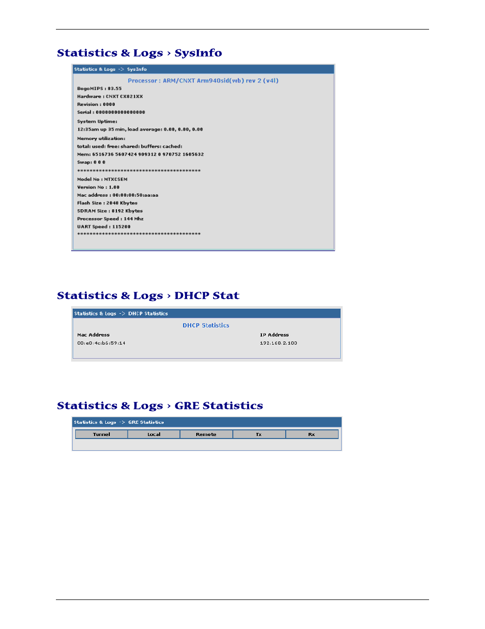 Statistics & logs > sysinfo, Statistics & logs > dhcp stat, Statistics & logs > gre statistics | Multi-Tech Systems Multimodem RJ-9 User Manual | Page 52 / 62