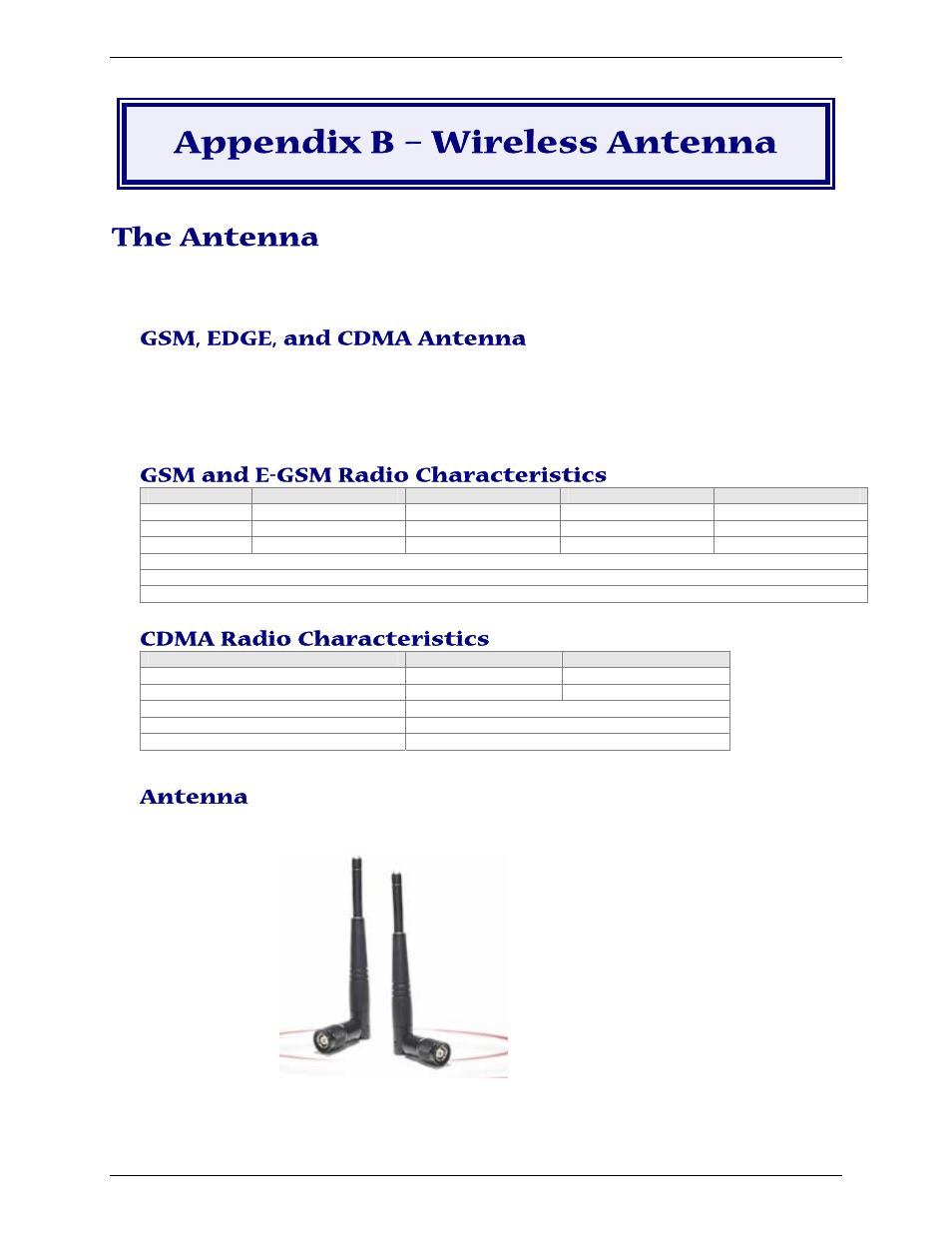 Appendix b – wireless antenna, The antenna, Gsm, edge, and cdma antenna | Gsm and e-gsm radio characteristics, Cdma radio characteristics, Antenna | Multi-Tech Systems Multimodem RJ-9 User Manual | Page 55 / 62
