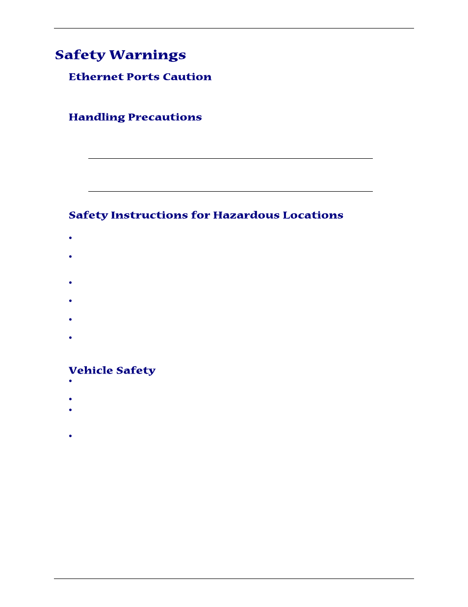 Safety warnings, Ethernet ports caution, Handling precautions | Safety instructions for hazardous locations, Vehicle safety | Multi-Tech Systems Multimodem RJ-9 User Manual | Page 7 / 62