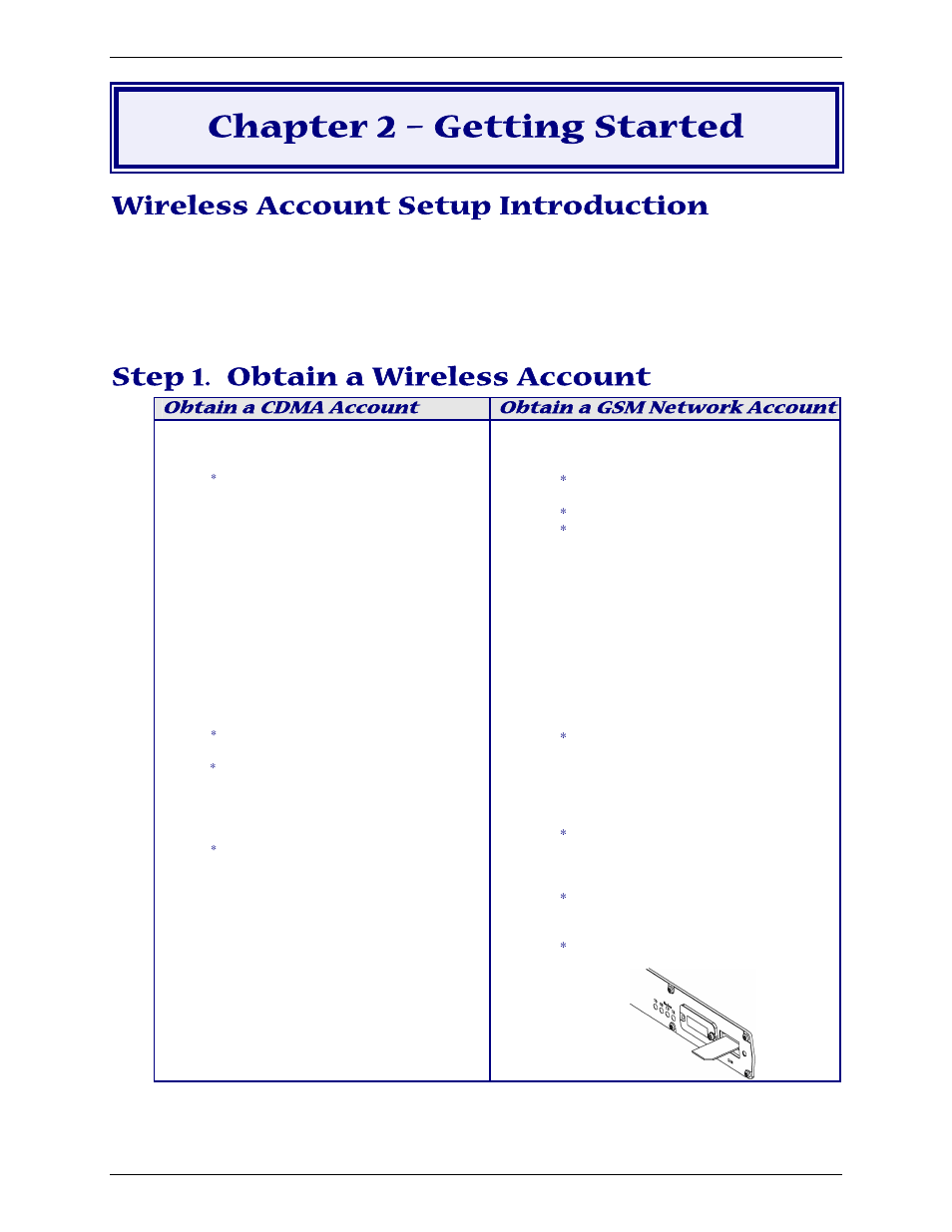 Chapter 2 – getting started, Wireless account setup introduction, Step 1. obtain a wireless account | Obtain a cdma account, Obtain a gsm network account | Multi-Tech Systems Multimodem RJ-9 User Manual | Page 9 / 62