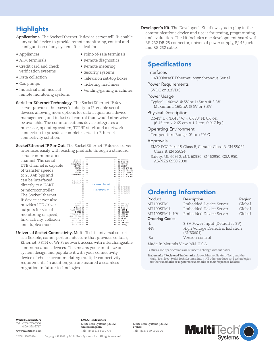 Highlights, Ordering information, Specifications | Multi-Tech Systems SocketEthernetIP EN60601 User Manual | Page 2 / 2