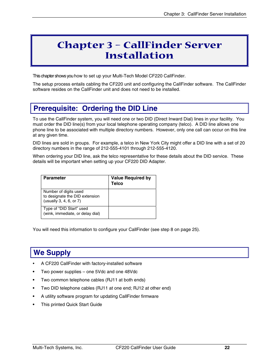 Chapter 3 – callfinder server installation, Prerequisite: ordering the did line, We supply | Multi-Tech Systems CF220 User Manual | Page 22 / 84
