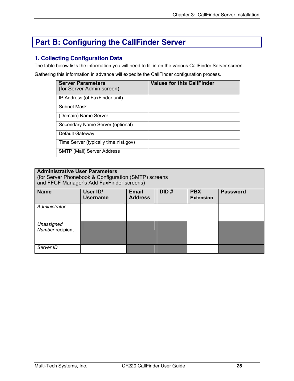 Part b: configuring the callfinder server | Multi-Tech Systems CF220 User Manual | Page 25 / 84