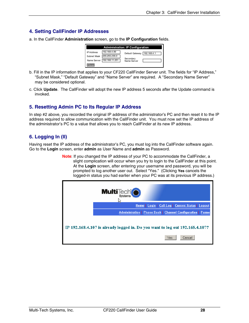 Setting callfinder ip addresses, Resetting admin pc to its regular ip address, Logging in (ii) | Multi-Tech Systems CF220 User Manual | Page 28 / 84