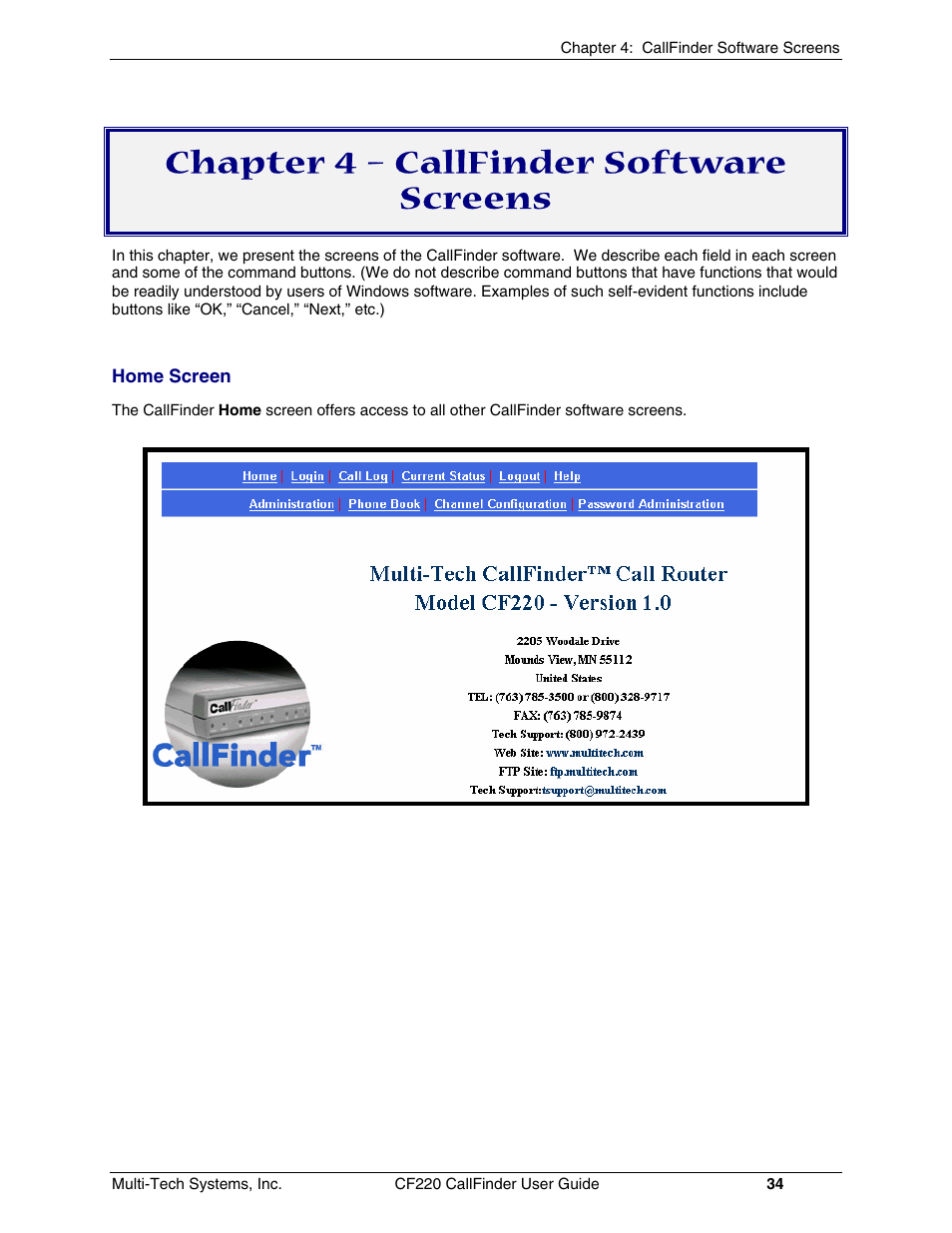 Chapter 4 – callfinder software screens | Multi-Tech Systems CF220 User Manual | Page 34 / 84