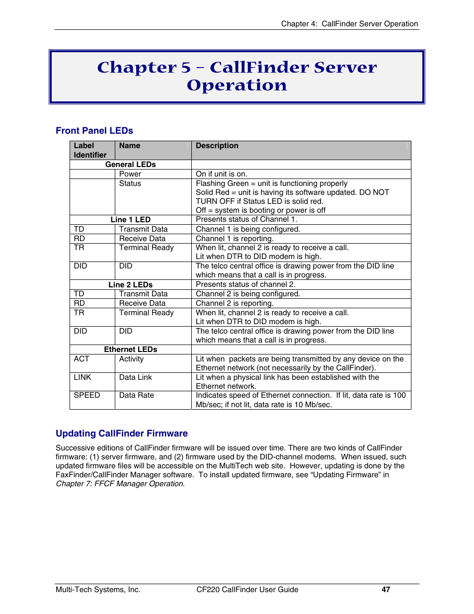 Chapter 5 – callfinder server operation | Multi-Tech Systems CF220 User Manual | Page 47 / 84