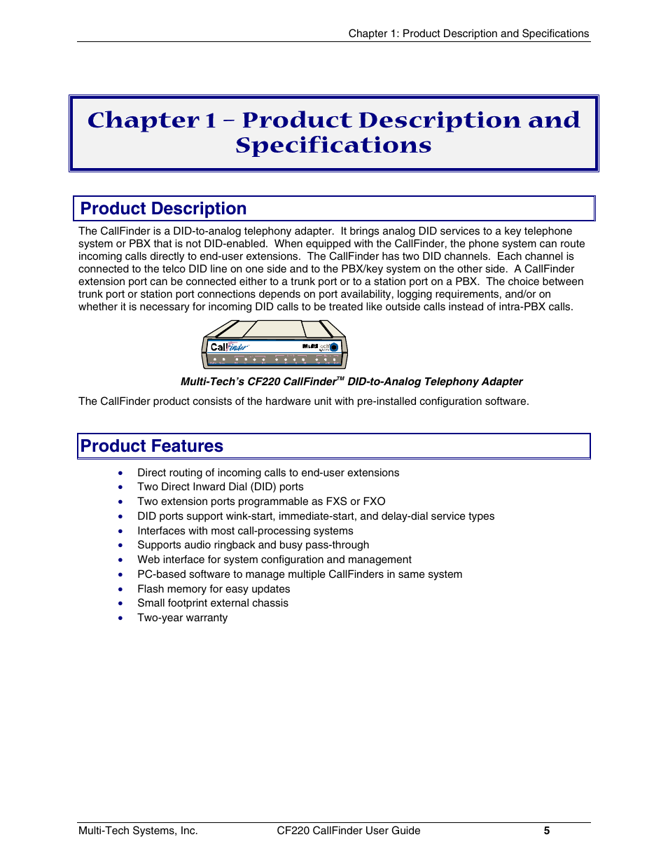 Chapter 1 – product description and specifications, Product description, Product features | Multi-Tech Systems CF220 User Manual | Page 5 / 84