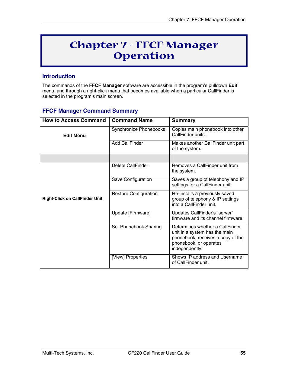 Chapter 7 - ffcf manager operation | Multi-Tech Systems CF220 User Manual | Page 55 / 84