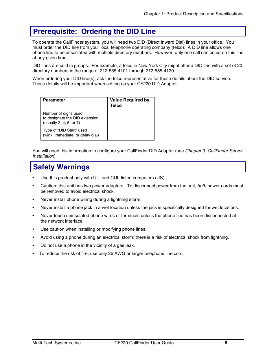 Prerequisite: ordering the did line, Safety warnings | Multi-Tech Systems CF220 User Manual | Page 6 / 84