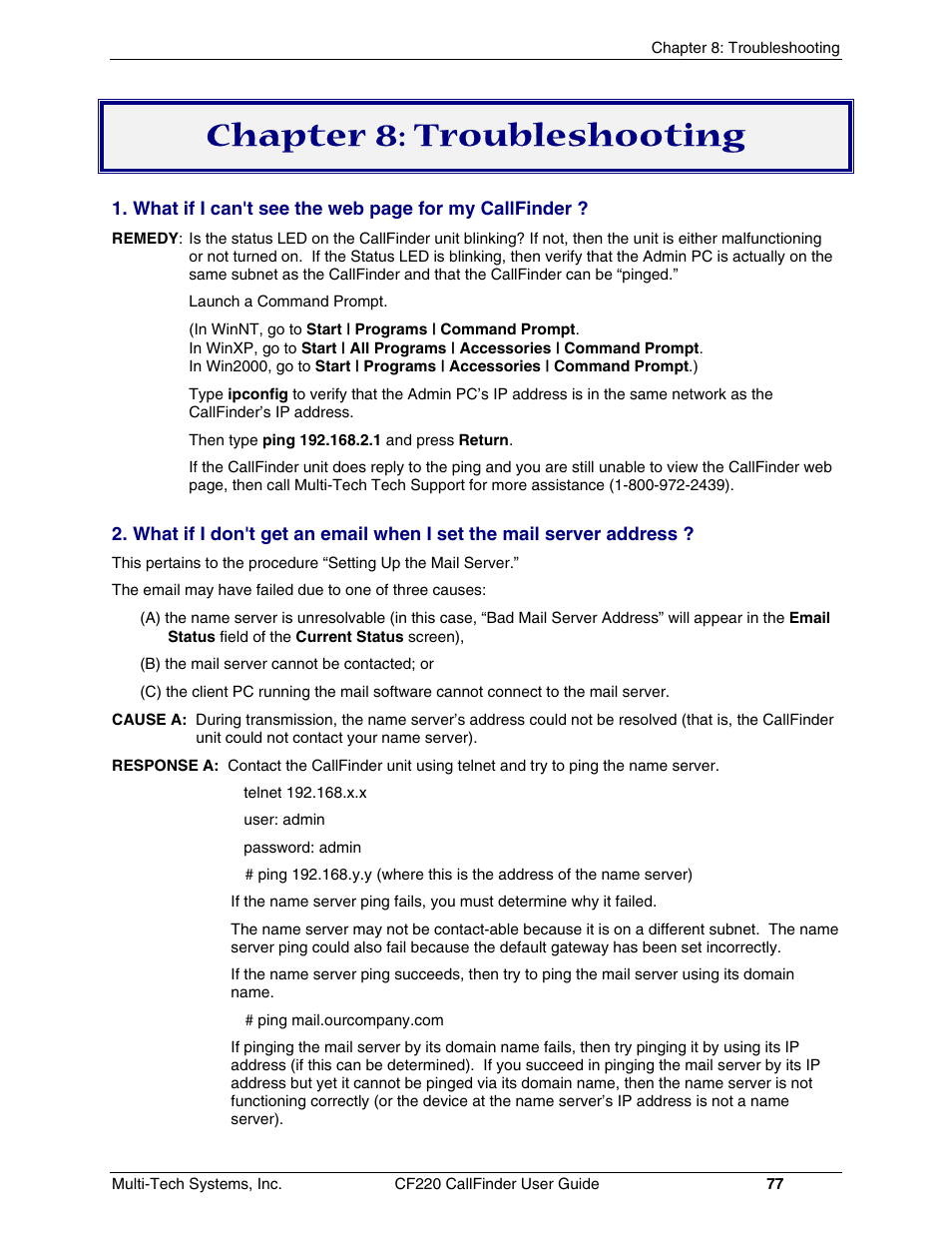 Chapter 8: troubleshooting | Multi-Tech Systems CF220 User Manual | Page 77 / 84
