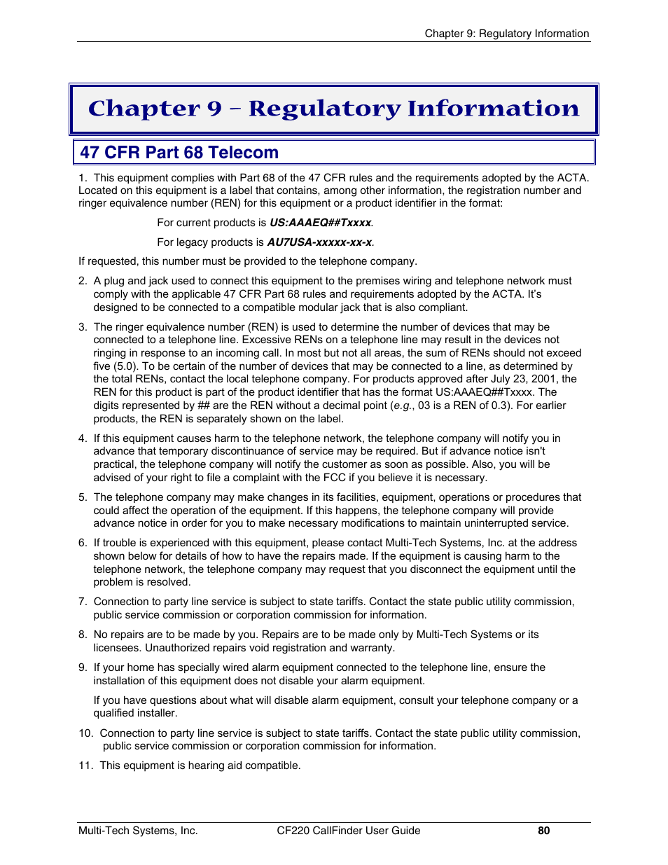 Chapter 9 – regulatory information, 47 cfr part 68 telecom | Multi-Tech Systems CF220 User Manual | Page 80 / 84