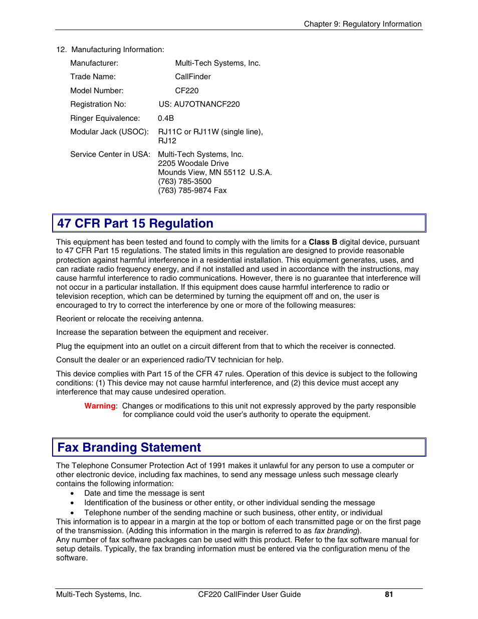 47 cfr part 15 regulation, Fax branding statement | Multi-Tech Systems CF220 User Manual | Page 81 / 84