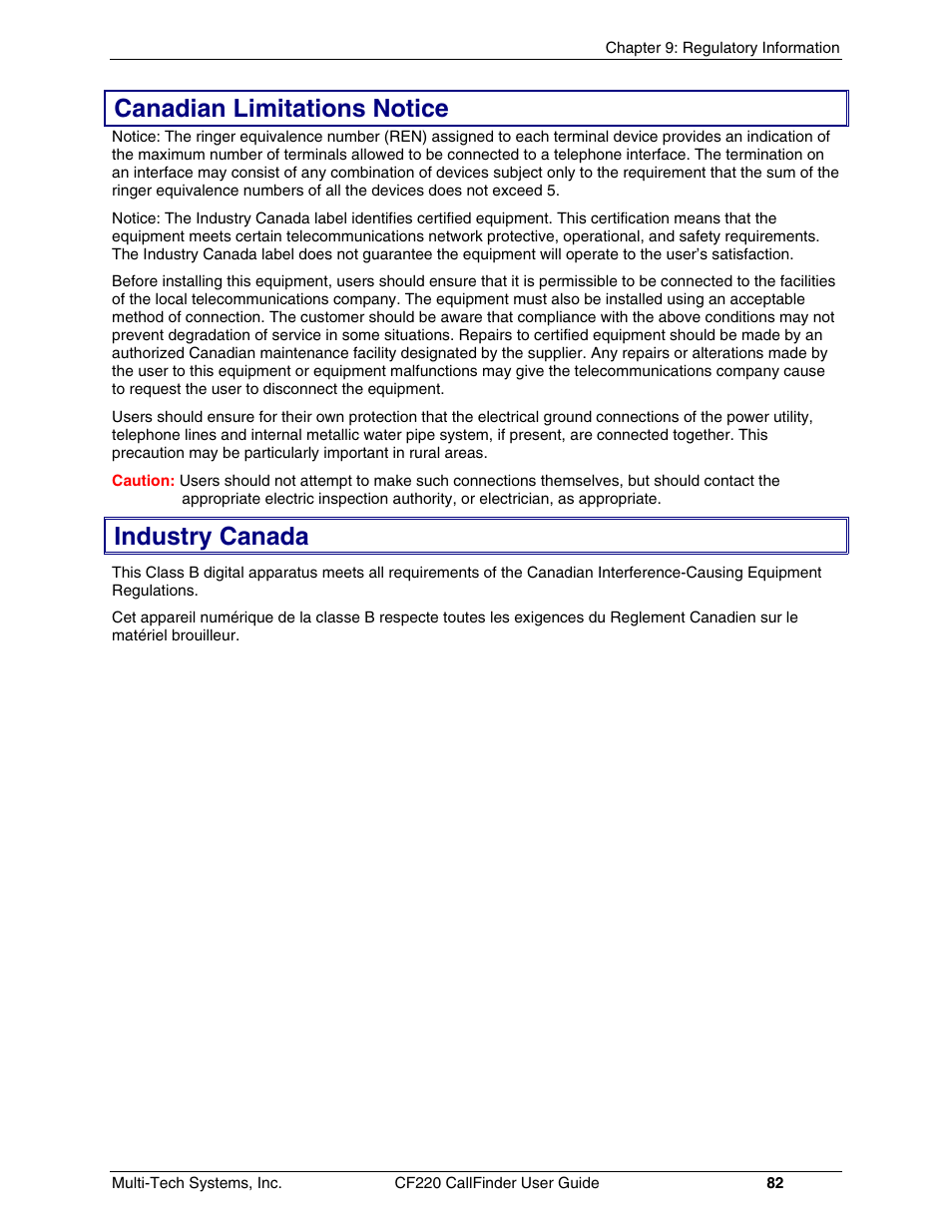 Canadian limitations notice, Industry canada | Multi-Tech Systems CF220 User Manual | Page 82 / 84