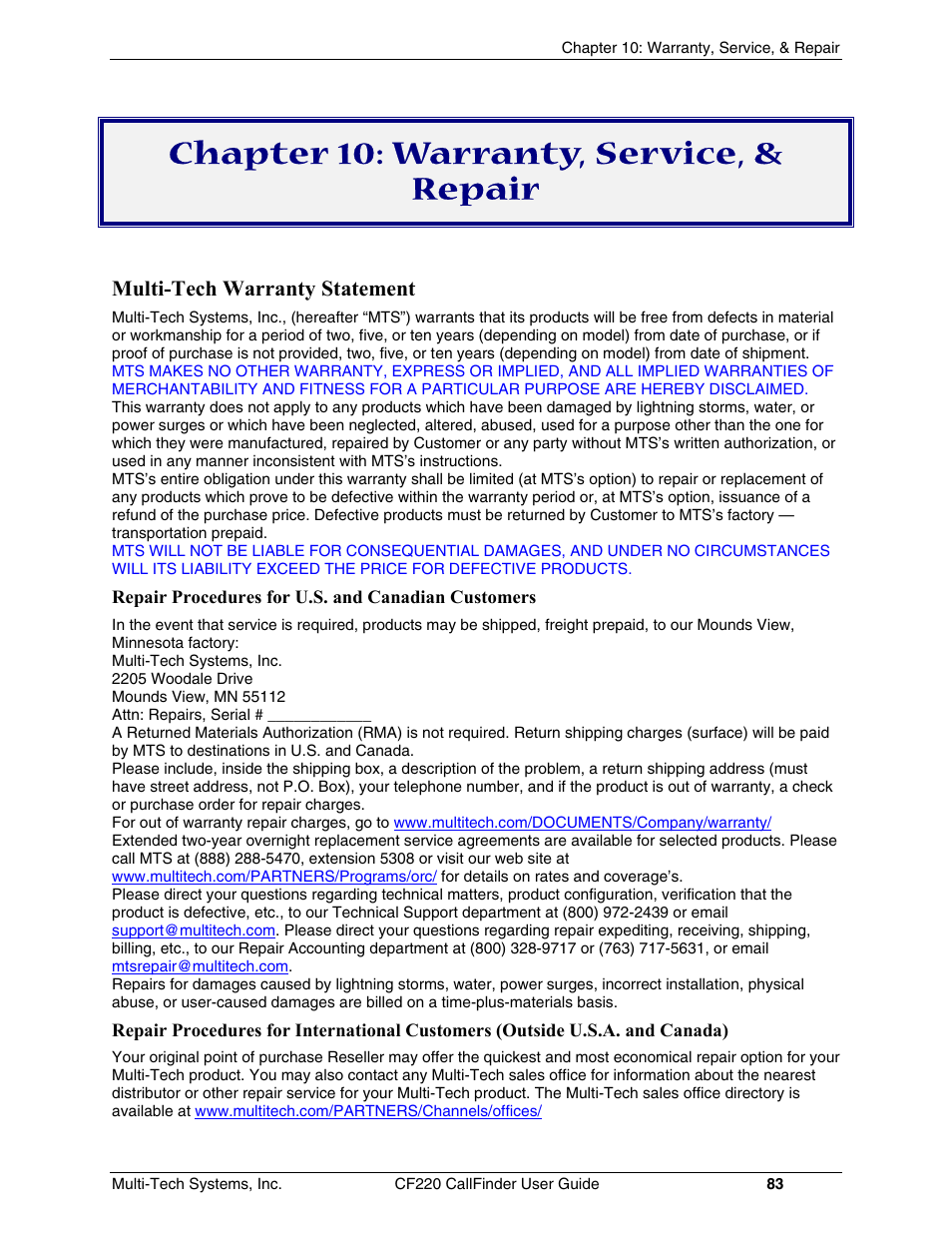 Chapter 10: warranty, service, & repair, Multi-tech warranty statement | Multi-Tech Systems CF220 User Manual | Page 83 / 84