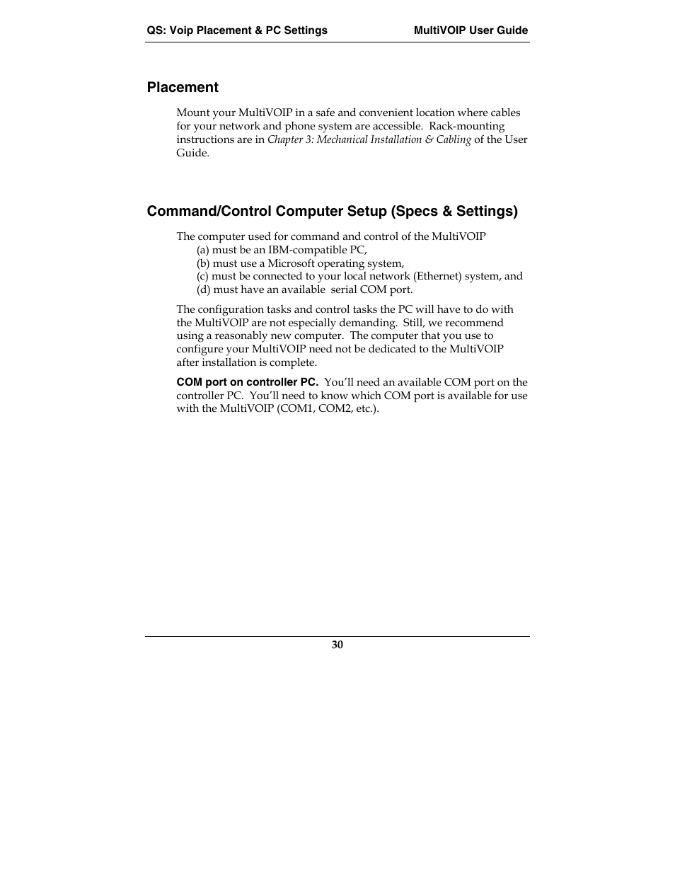 Placement, Command/control computer setup (specs & settings) | Multi-Tech Systems MVP210-SS User Manual | Page 30 / 415