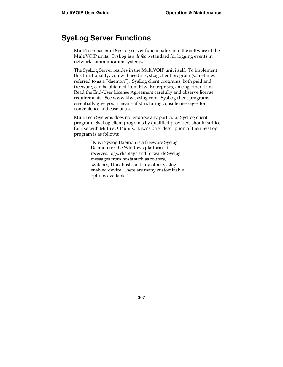 Syslog server functions | Multi-Tech Systems MVP210-SS User Manual | Page 367 / 415