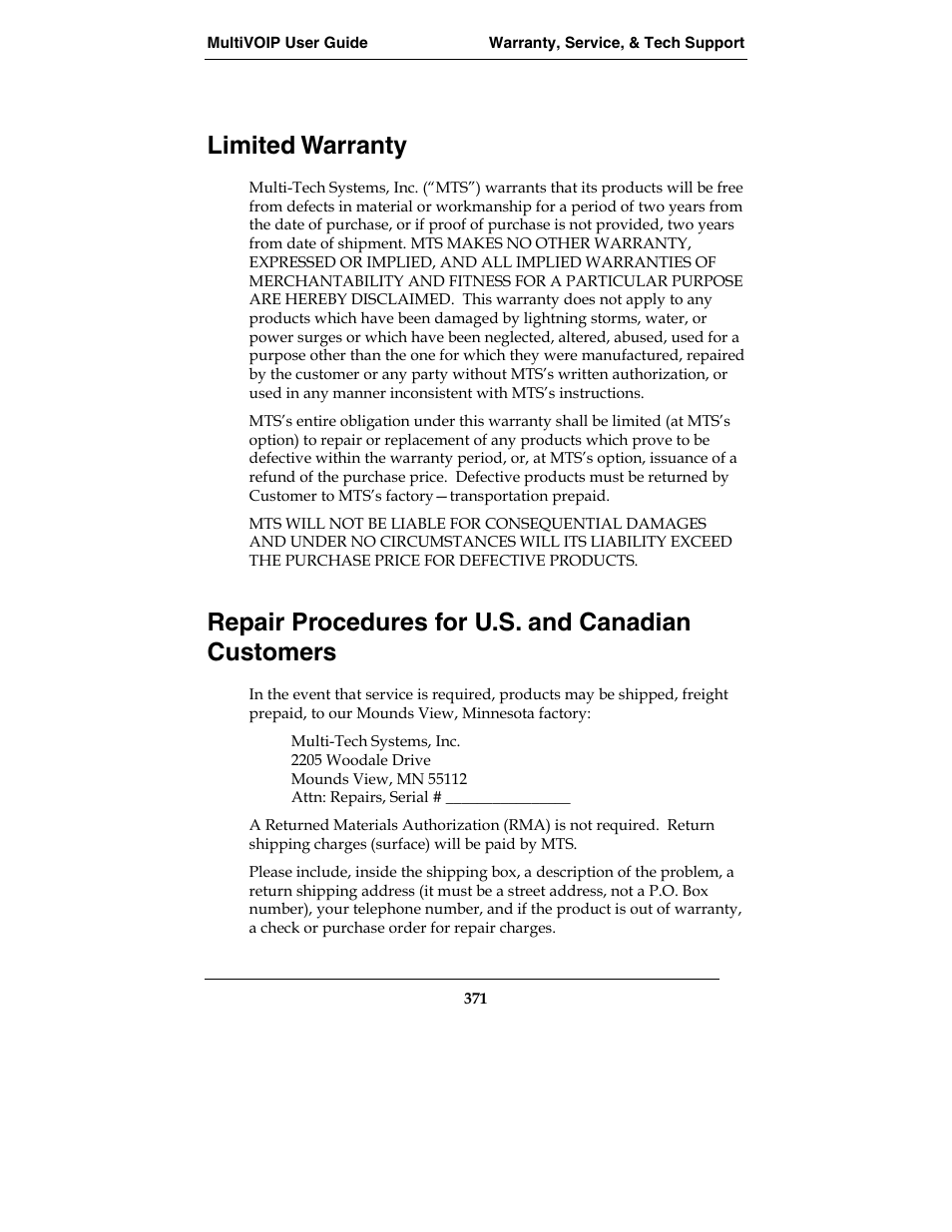 Limited warranty, Repair procedures for u.s. and canadian customers | Multi-Tech Systems MVP210-SS User Manual | Page 371 / 415