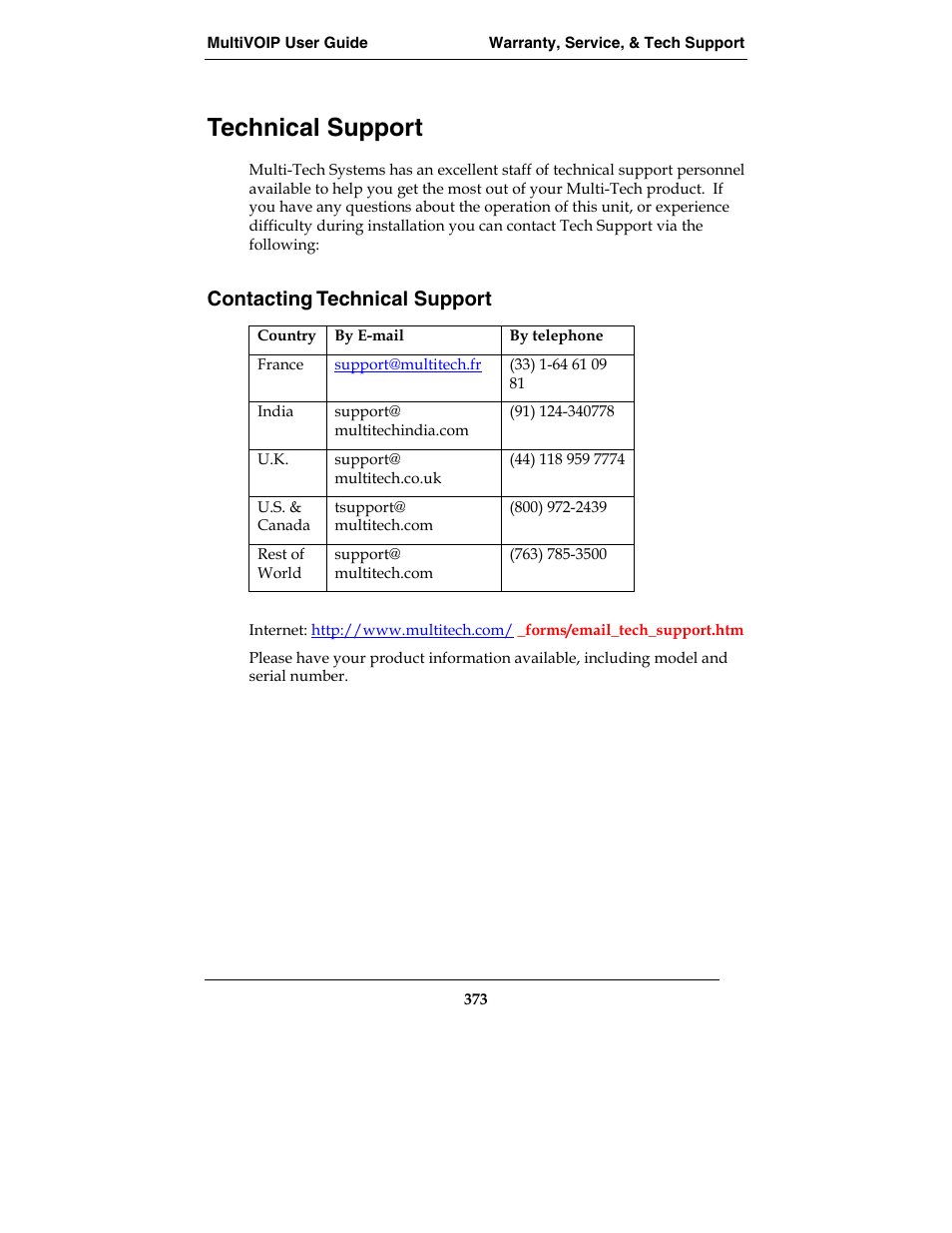 Technical support, Contacting technical support | Multi-Tech Systems MVP210-SS User Manual | Page 373 / 415