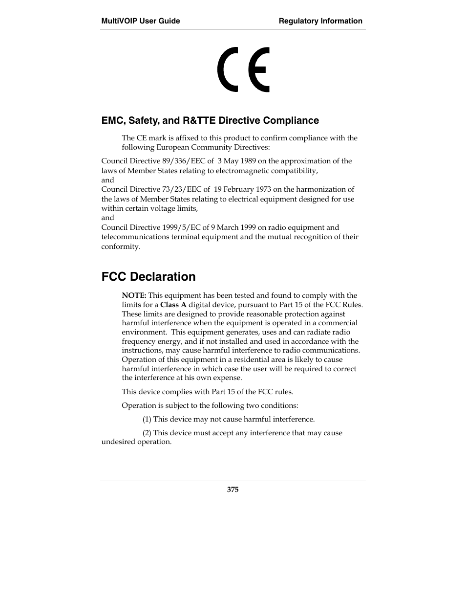 Fcc declaration, Emc, safety, and r&tte directive compliance | Multi-Tech Systems MVP210-SS User Manual | Page 375 / 415