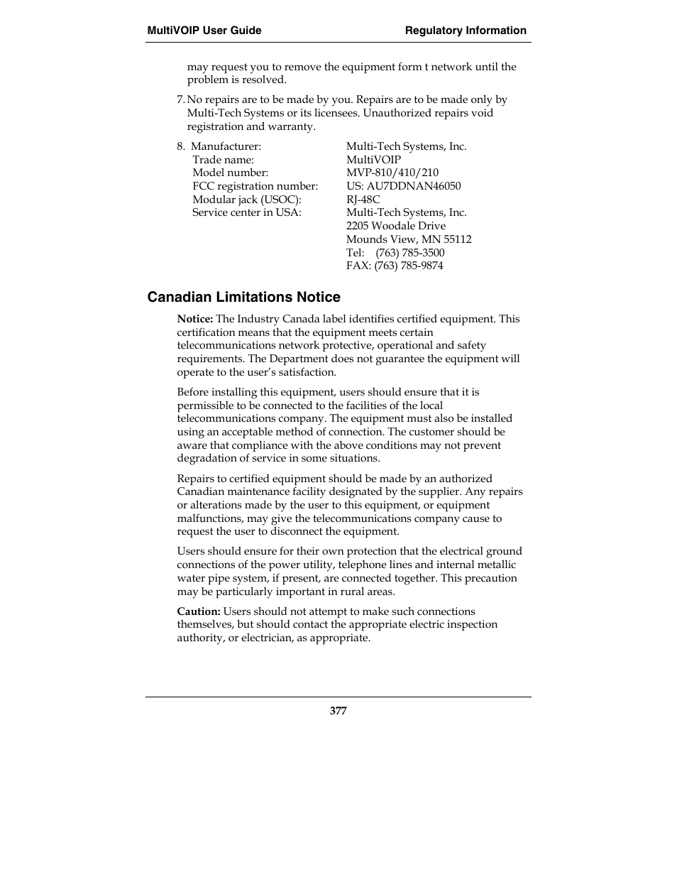 Canadian limitations notice | Multi-Tech Systems MVP210-SS User Manual | Page 377 / 415