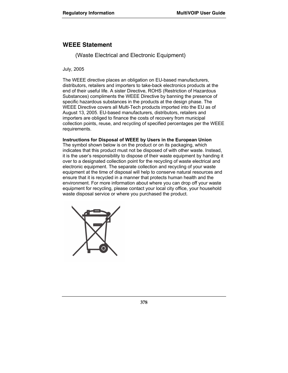 Weee statement | Multi-Tech Systems MVP210-SS User Manual | Page 378 / 415