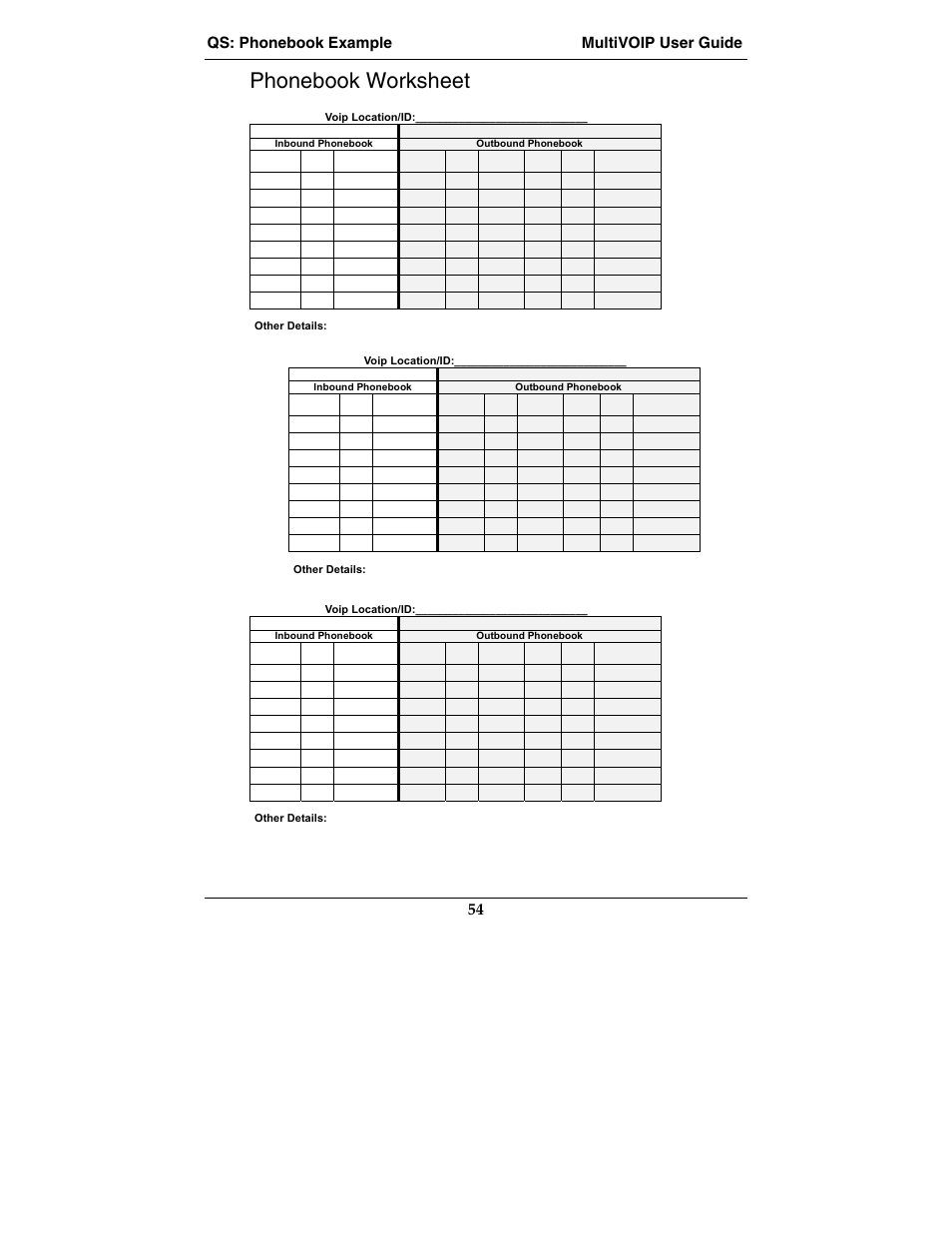 Phonebook worksheet, Qs: phonebook example multivoip user guide 54 | Multi-Tech Systems MVP210-SS User Manual | Page 54 / 415