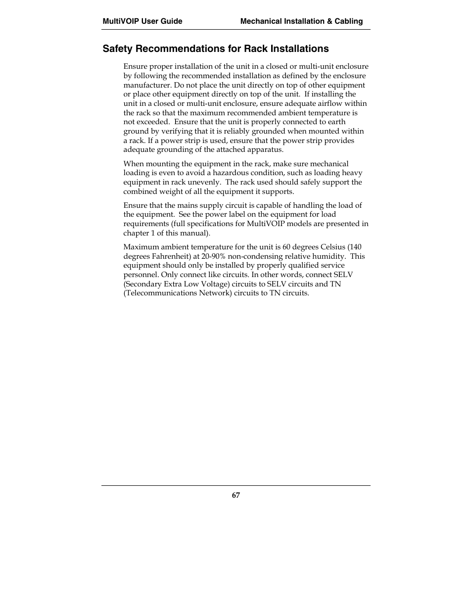 Safety recommendations for rack installations | Multi-Tech Systems MVP210-SS User Manual | Page 67 / 415