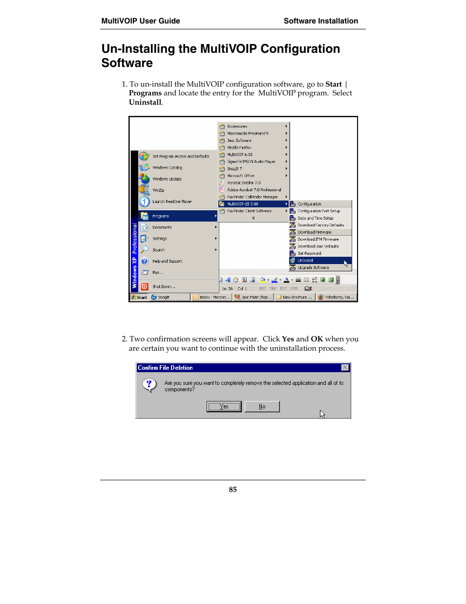 Un-installing the multivoip configuration software | Multi-Tech Systems MVP210-SS User Manual | Page 85 / 415