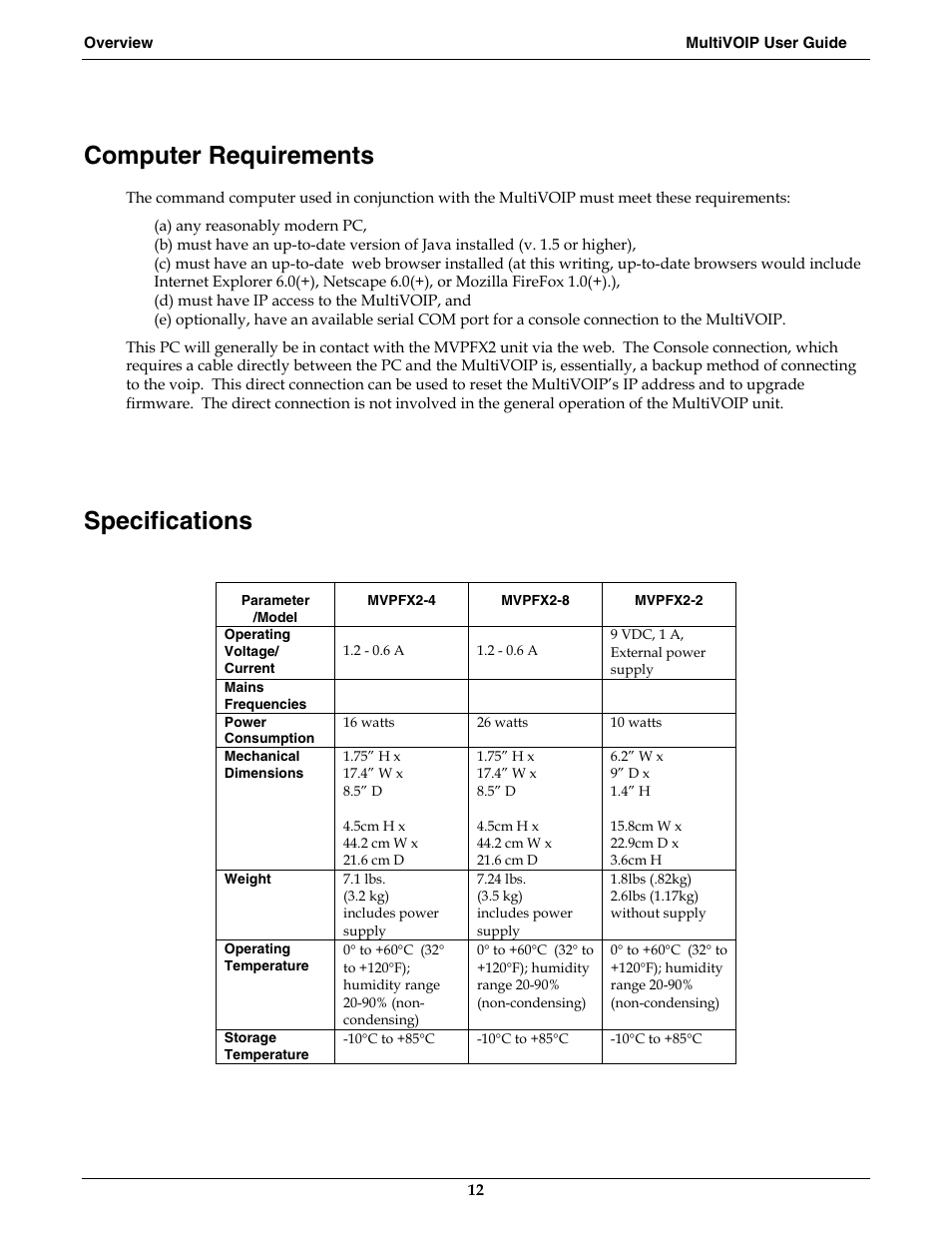 Computer requirements, Specifications | Multi-Tech Systems MVPFX2-2 User Manual | Page 12 / 193