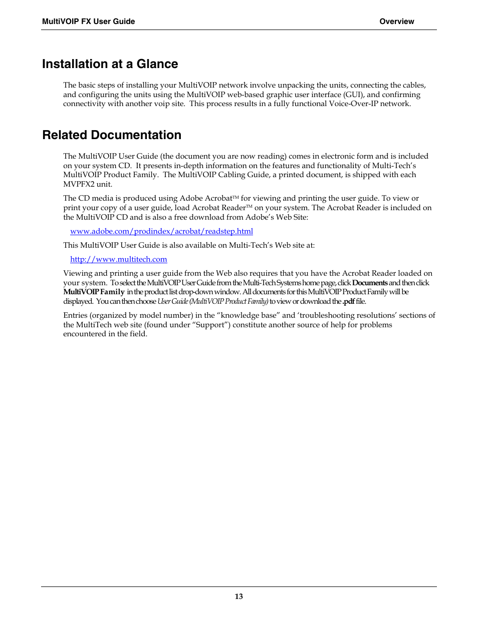 Installation at a glance, Related documentation | Multi-Tech Systems MVPFX2-2 User Manual | Page 13 / 193