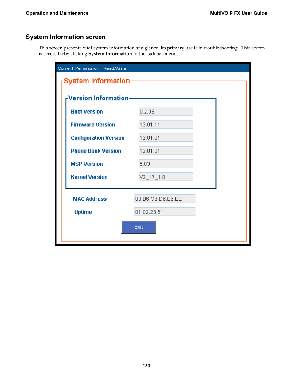 System information screen | Multi-Tech Systems MVPFX2-2 User Manual | Page 130 / 193