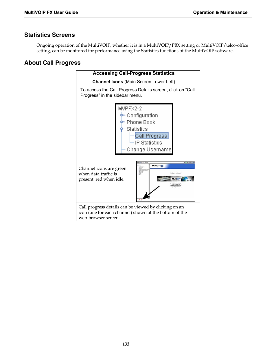 Statistics screens, About call progress | Multi-Tech Systems MVPFX2-2 User Manual | Page 133 / 193