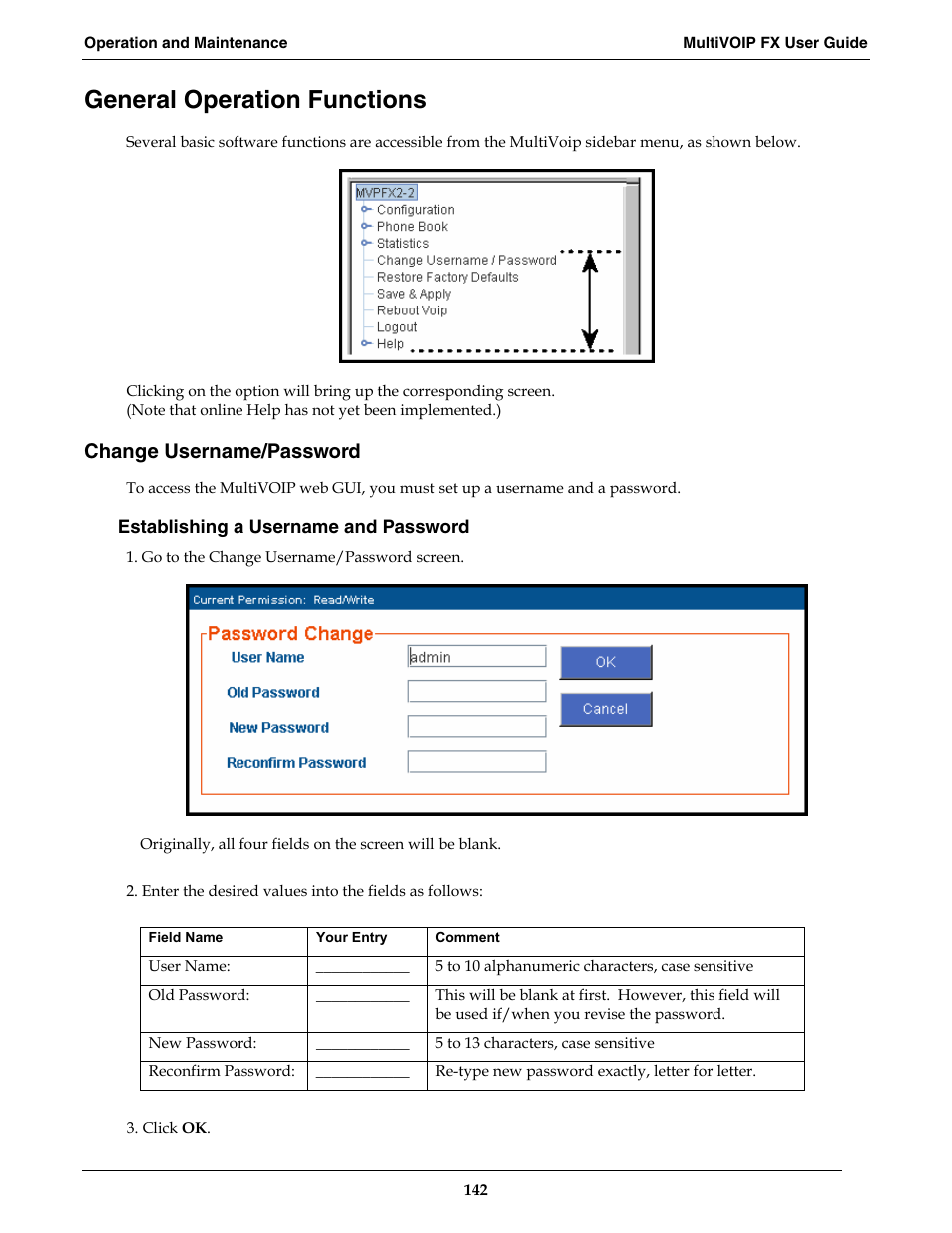 General operation functions, Change username/password | Multi-Tech Systems MVPFX2-2 User Manual | Page 142 / 193