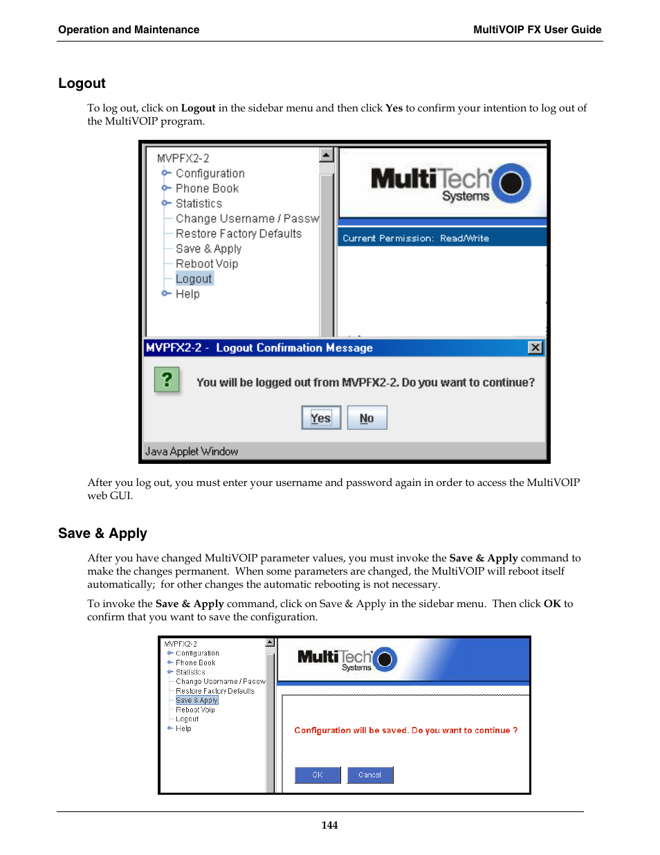 Logout, Save & apply | Multi-Tech Systems MVPFX2-2 User Manual | Page 144 / 193