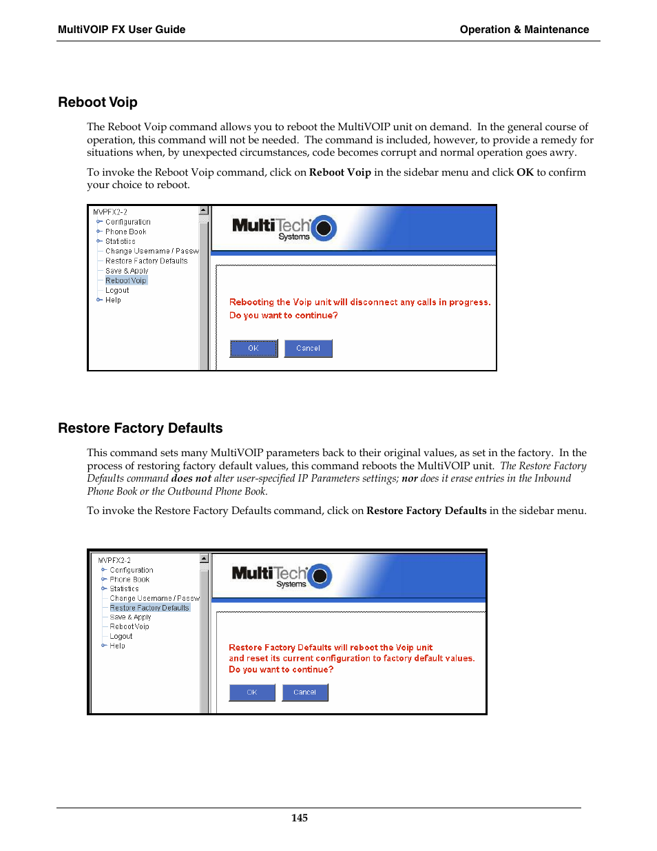 Reboot voip, Restore factory defaults | Multi-Tech Systems MVPFX2-2 User Manual | Page 145 / 193