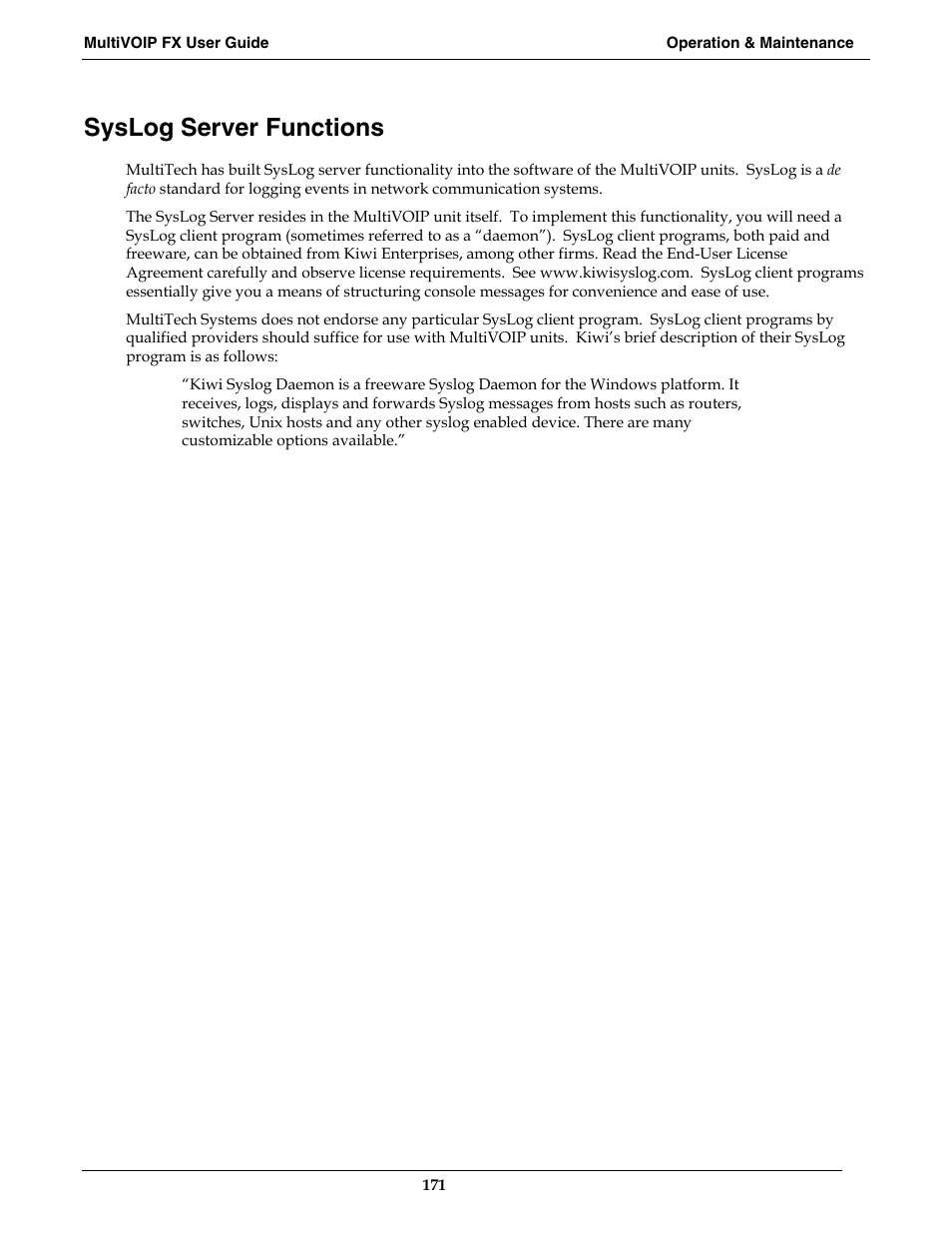 Syslog server functions | Multi-Tech Systems MVPFX2-2 User Manual | Page 171 / 193