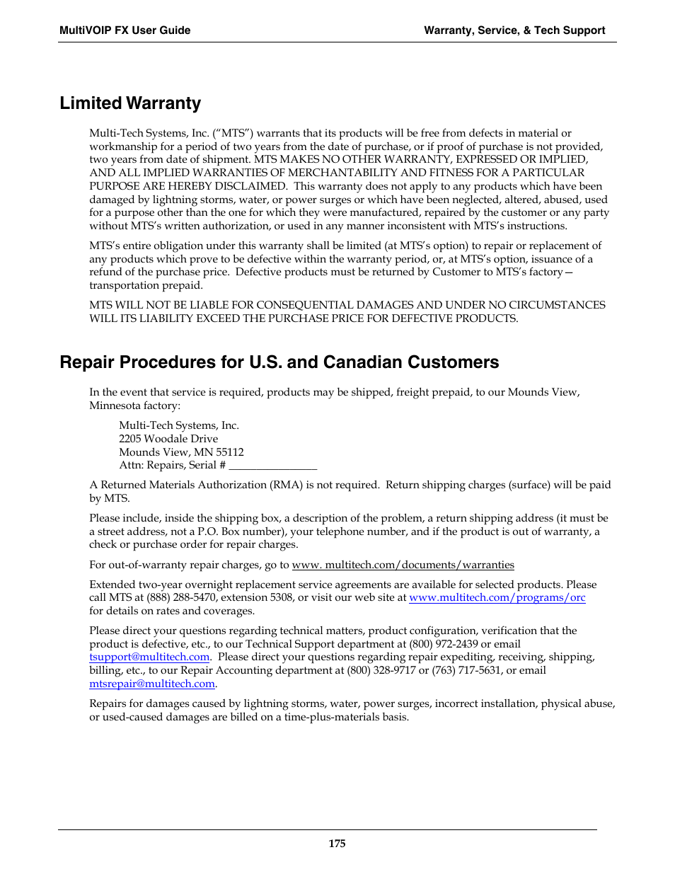 Limited warranty, Repair procedures for u.s. and canadian customers | Multi-Tech Systems MVPFX2-2 User Manual | Page 175 / 193