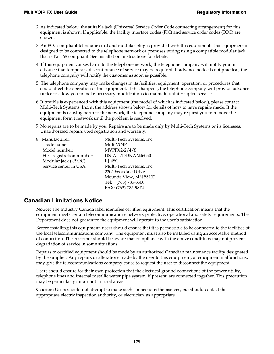 Canadian limitations notice | Multi-Tech Systems MVPFX2-2 User Manual | Page 179 / 193
