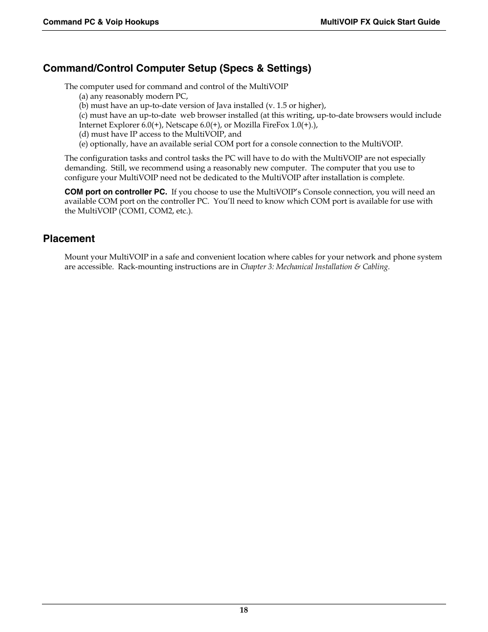 Command/control computer setup (specs & settings), Placement | Multi-Tech Systems MVPFX2-2 User Manual | Page 18 / 193
