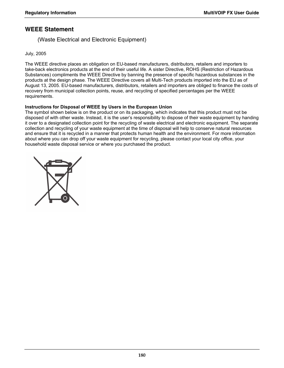 Weee statement | Multi-Tech Systems MVPFX2-2 User Manual | Page 180 / 193