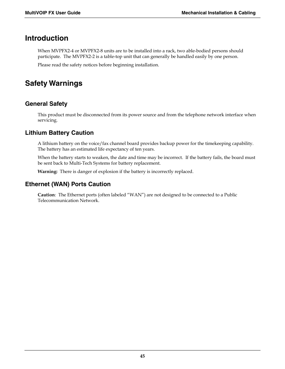 Introduction, Safety warnings | Multi-Tech Systems MVPFX2-2 User Manual | Page 45 / 193