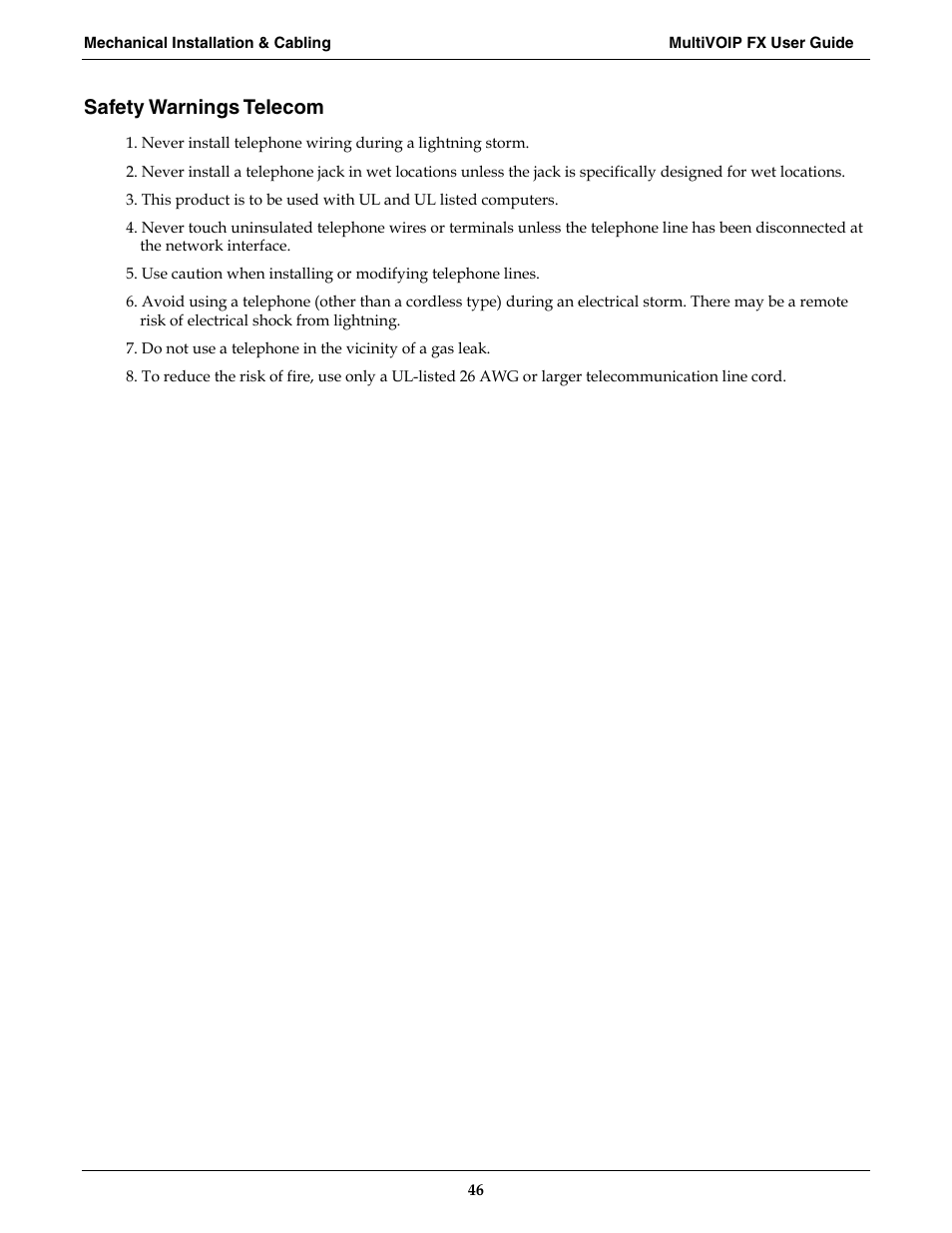 Safety warnings telecom | Multi-Tech Systems MVPFX2-2 User Manual | Page 46 / 193